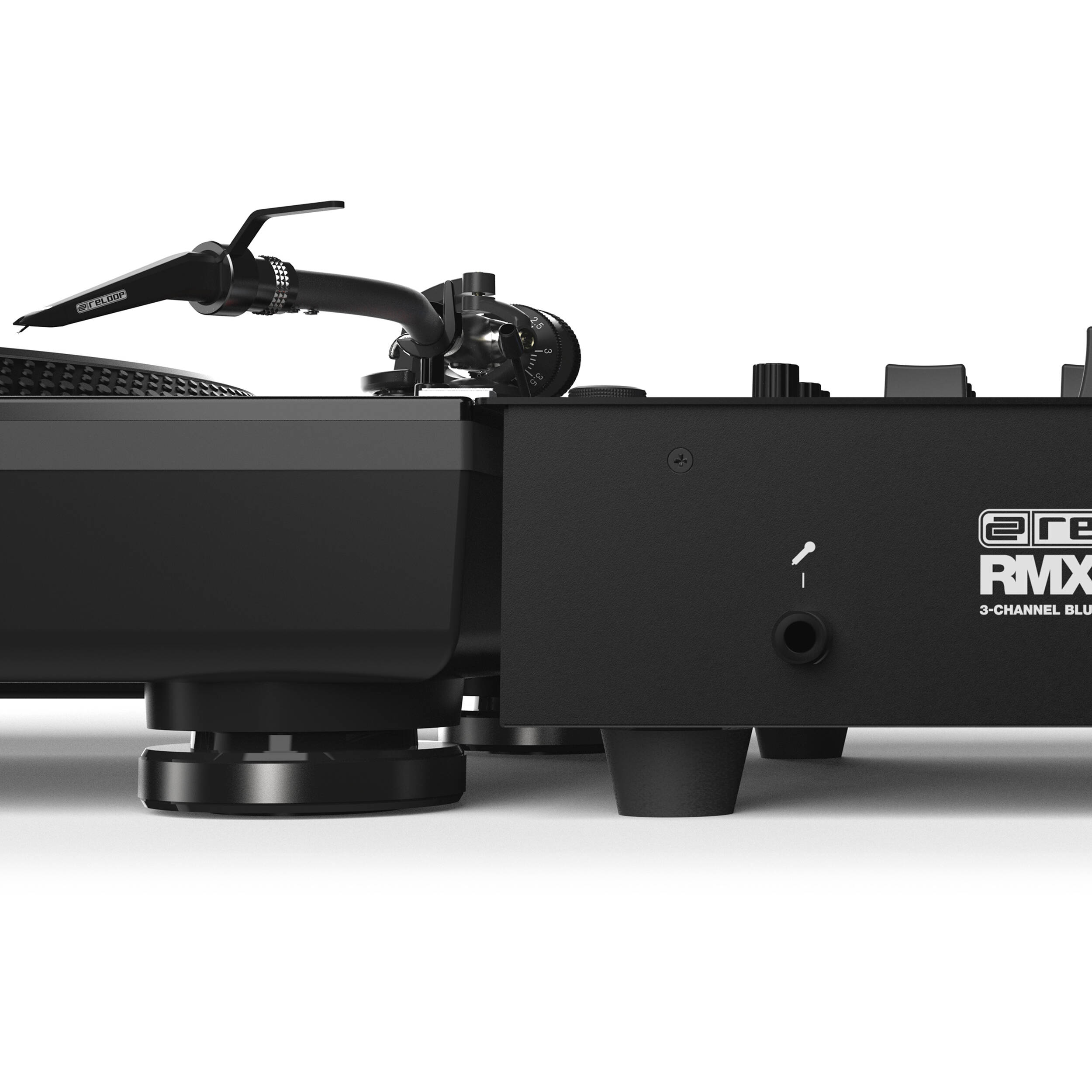 Reloop RMX-30 BT DJ mixer with knobs, faders, and Bluetooth controls, designed for professional DJ setups.
