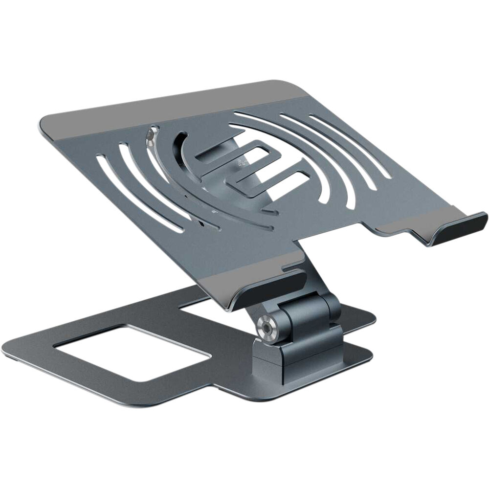 Reloop Stand Hub Pro laptop stand with adjustable arms and ventilation for ergonomic workspace setup.
