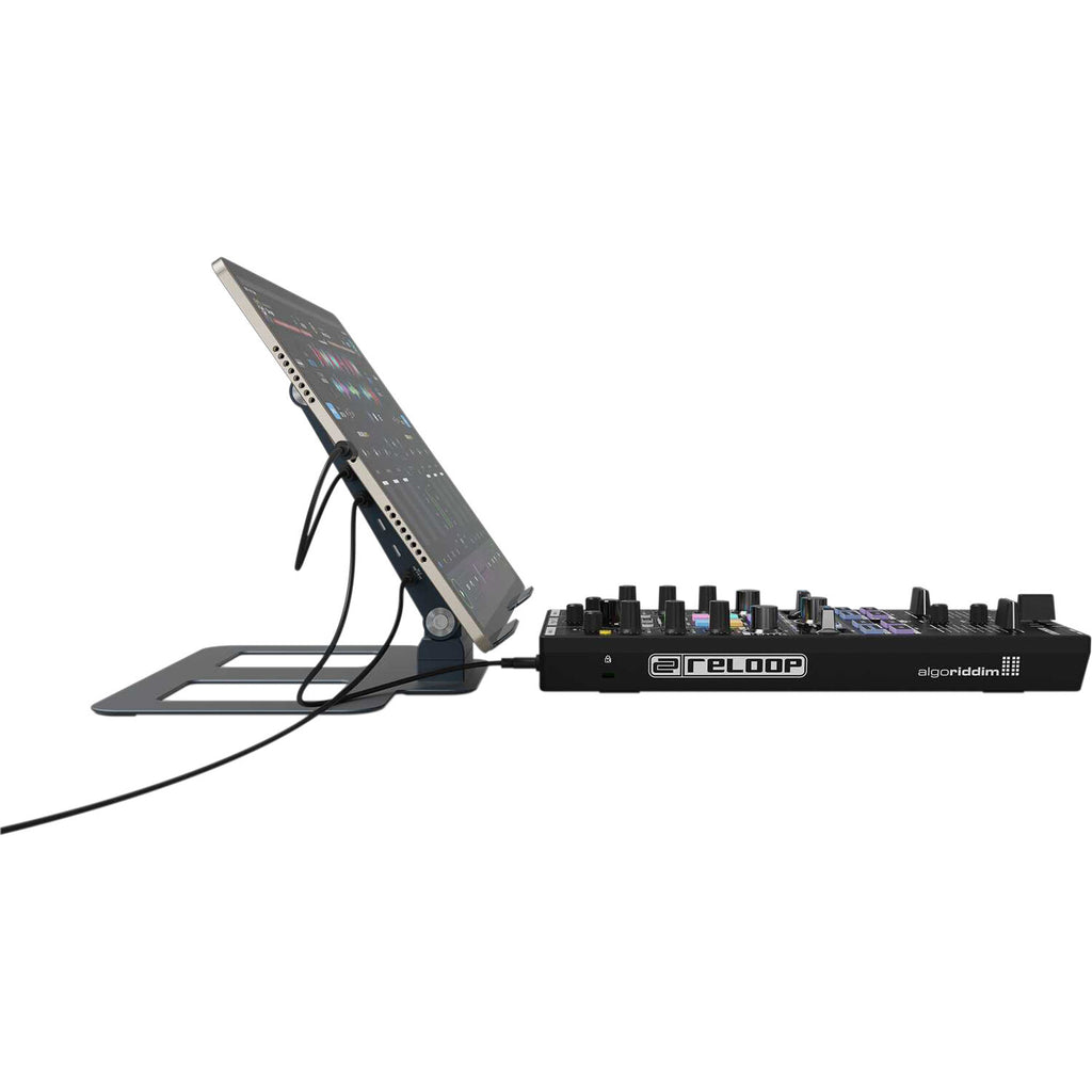 Reloop Stand Hub Pro laptop stand with adjustable arms and ventilation, designed for ergonomic workspace setup.