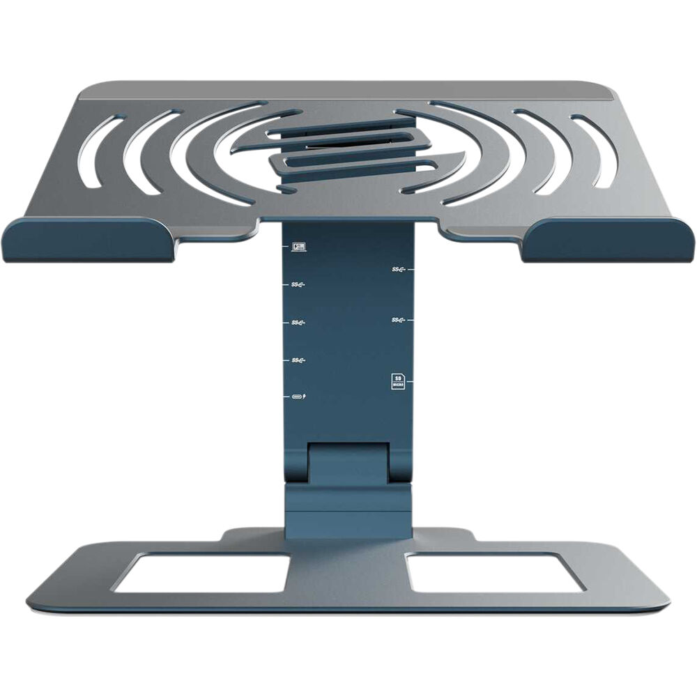 Reloop Stand Hub Pro laptop stand with adjustable arms and sturdy base, designed for ergonomic positioning and stability.