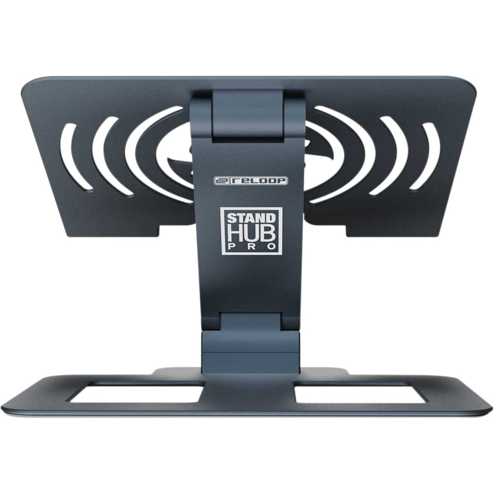 Reloop Stand Hub Pro laptop stand with adjustable height and multiple ports for convenient device setup and connectivity.