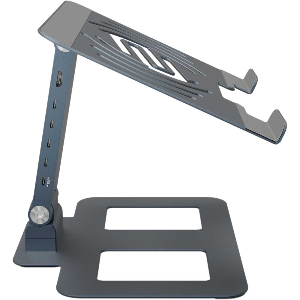 Reloop Stand Hub Pro laptop stand with adjustable arms and cooling vents for ergonomic workspace setup.
