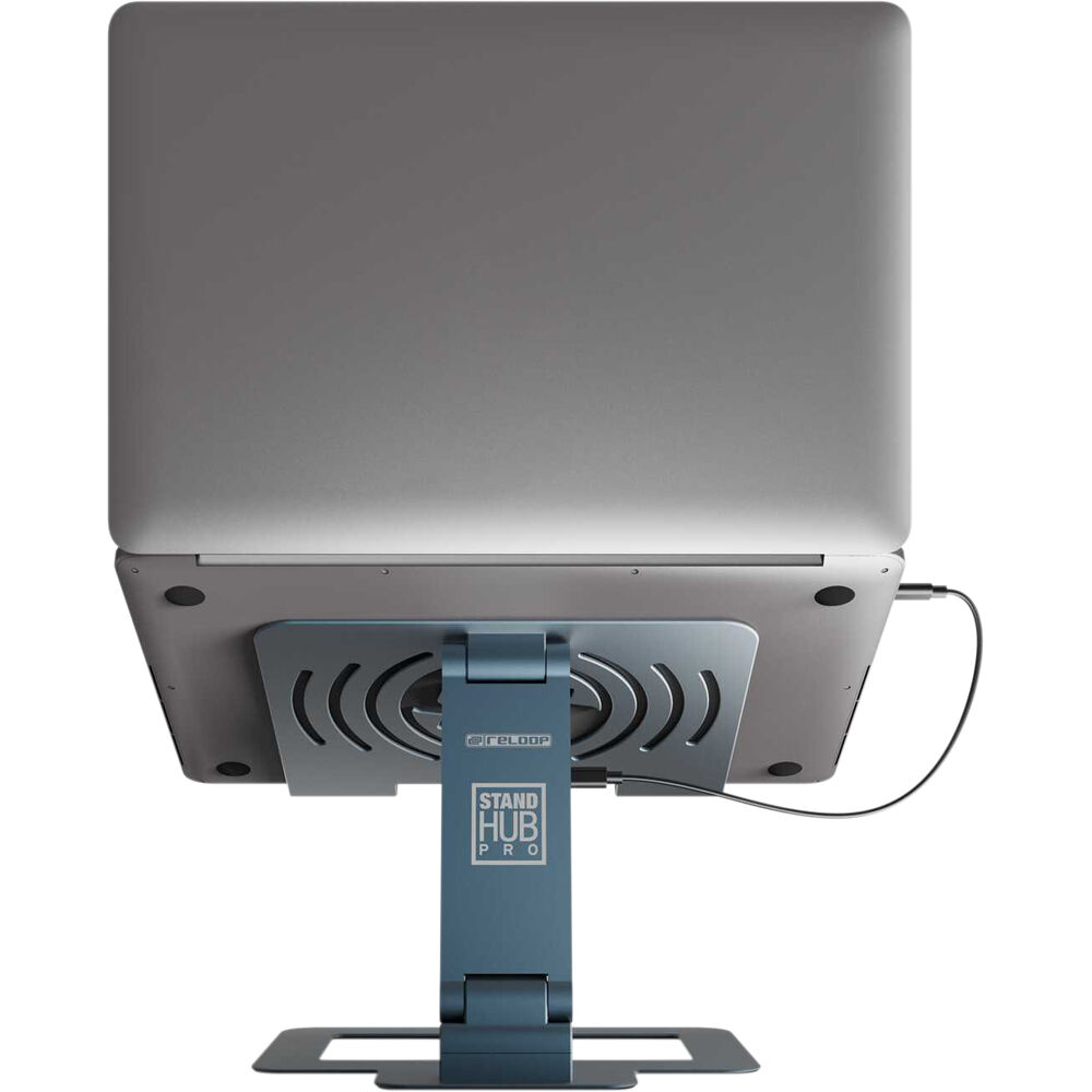 Reloop Stand Hub Pro laptop stand with adjustable arms and ventilation for stable support and airflow.