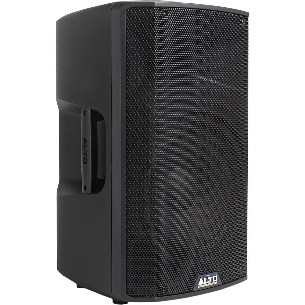 Alto Professional TX412B PA speaker with black speaker cabinet, handle, and control panel on the side.
