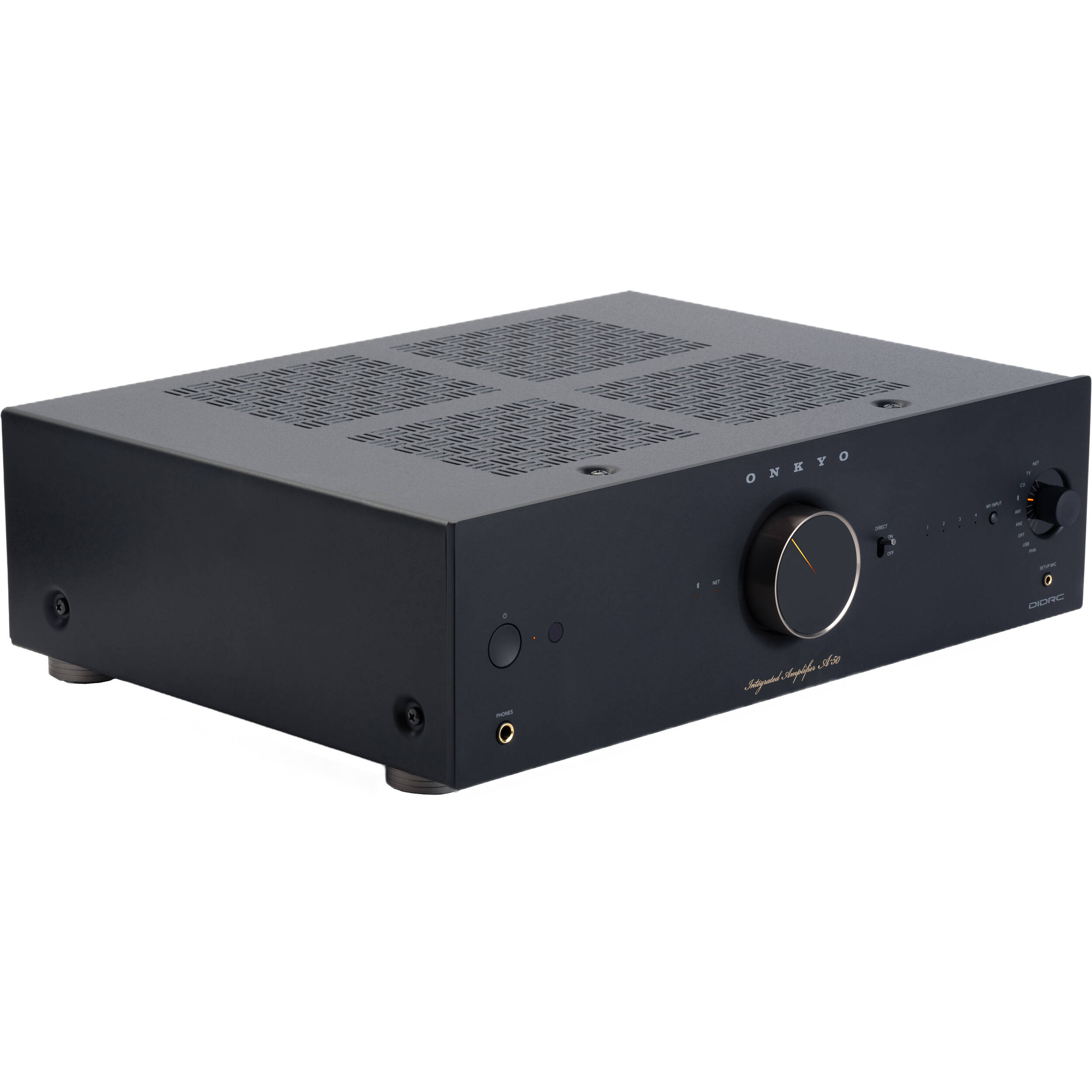 Onkyo Icon A-50 stereo amplifier with sleek black design and control knobs, showcasing high-quality audio equipment.