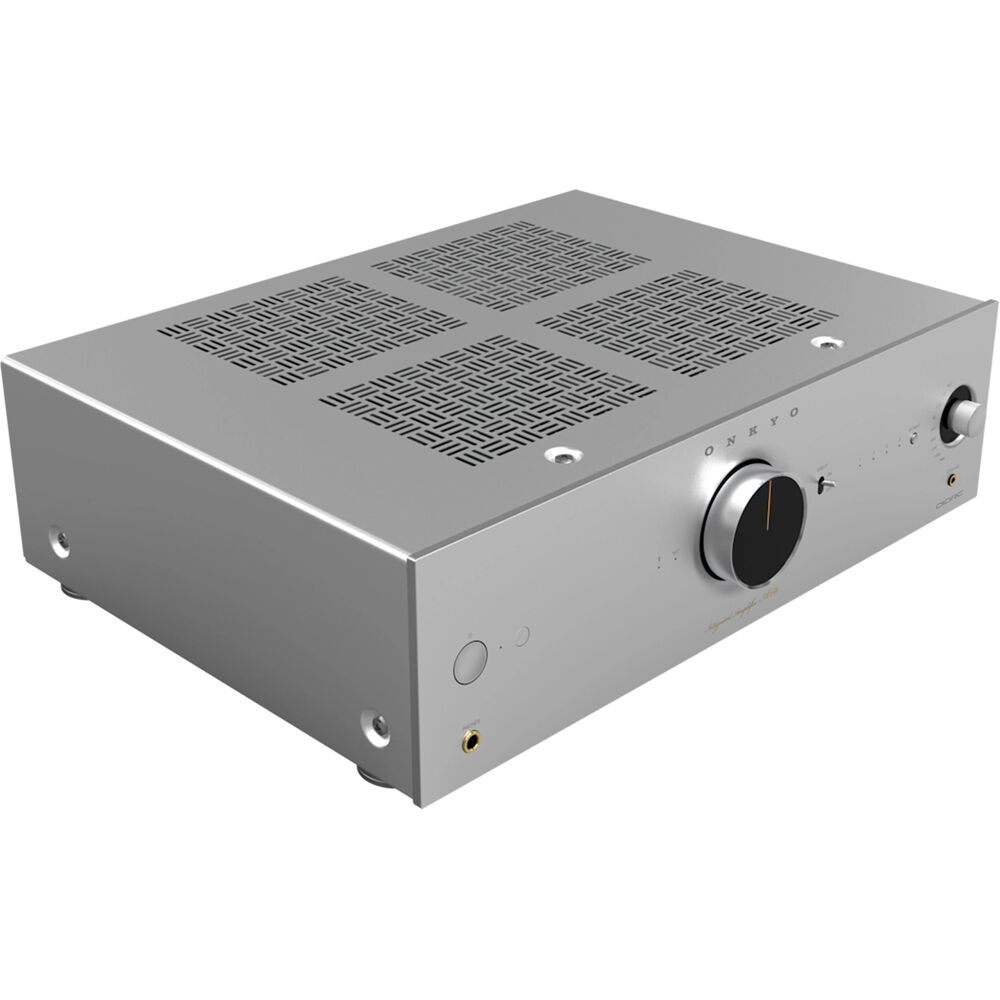 Onkyo Icon A-50 stereo amplifier with silver finish, front control knobs, and input ports visible in the image.