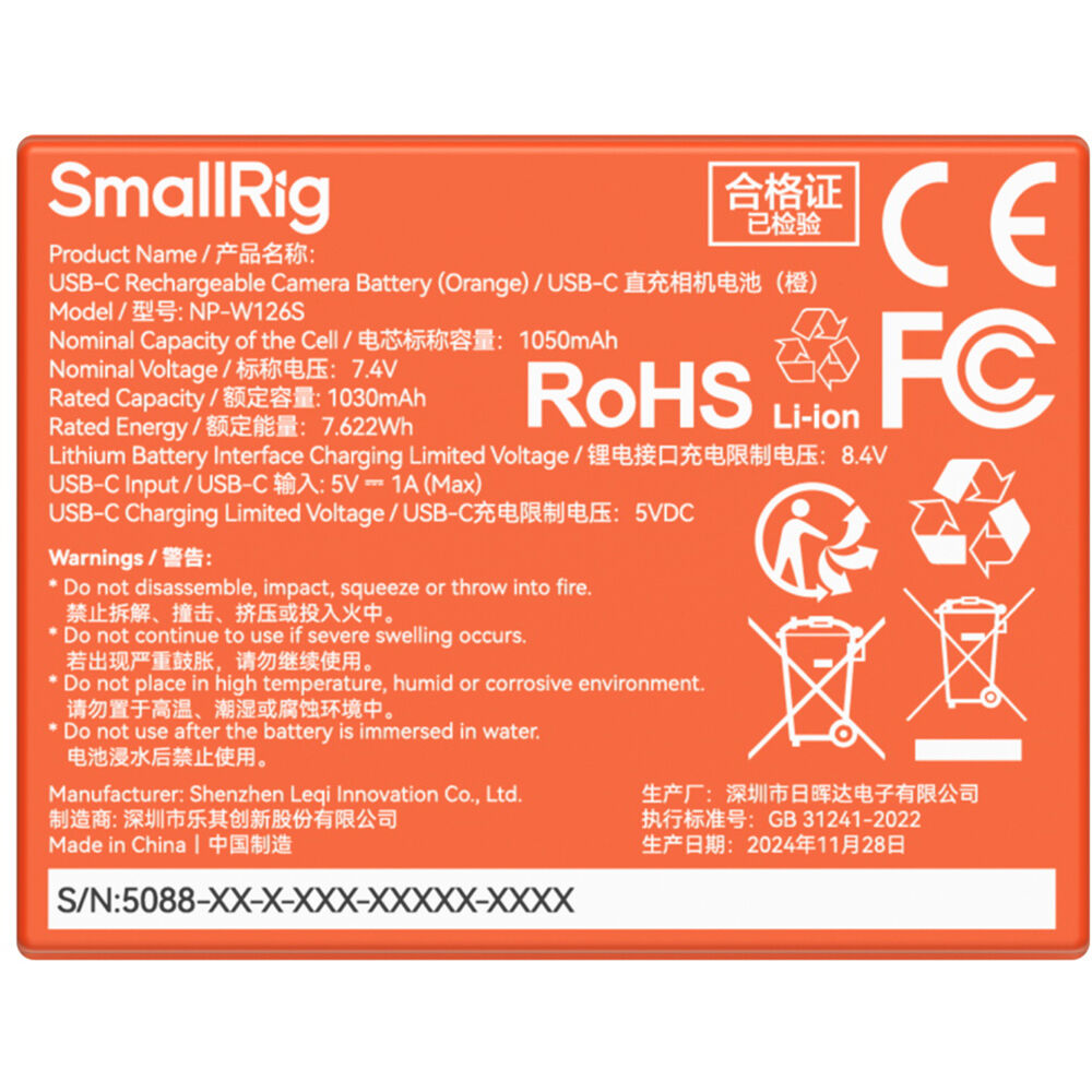 SmallRig NP-W126S USB-C Rechargeable Camera Battery (5088) (Orange)