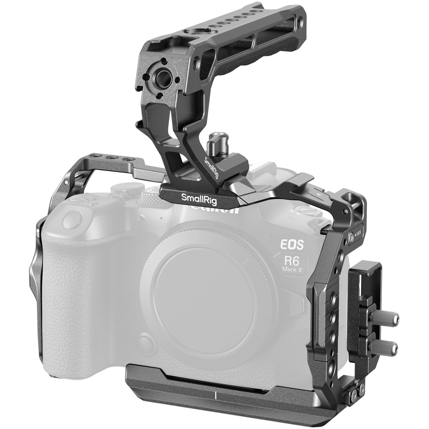 SmallRig cage kit for Canon EOS R6 Mark II with mounting points and protective frame, designed for camera support and rigging.