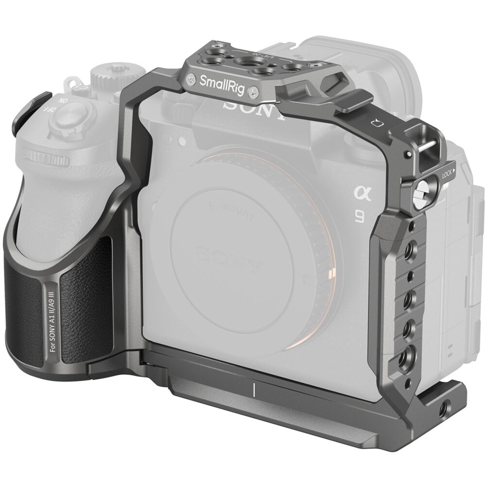 SmallRig cage for Sony Alpha 1 II and Alpha 9 III mirrorless cameras, providing protection and mounting options for video equipment.