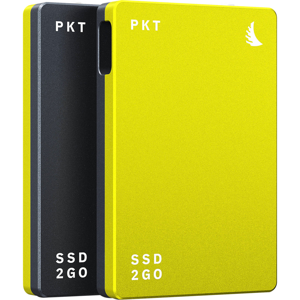 Angelbird SSD2GO PKT portable external SSD drive shown with sleek black casing and compact design.