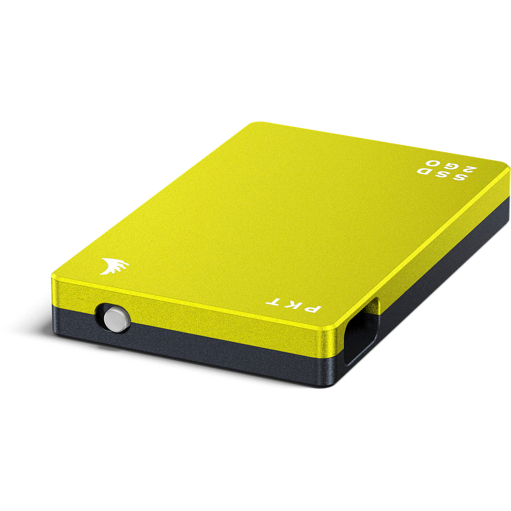 Angelbird SSD2GO PKT portable external SSD drive with sleek black case and USB connection for high-speed data storage.