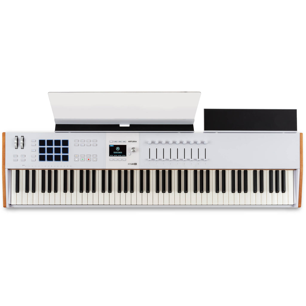 Arturia KeyLab 88 MK3 MIDI keyboard with black keys, control knobs, and extensive connectivity for music production.