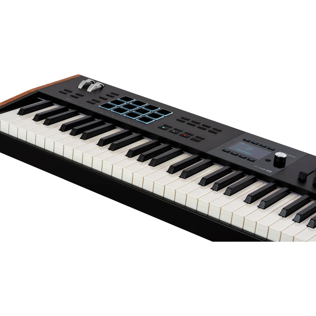 Arturia KeyLab 88 MK3 MIDI keyboard with black keys and control knobs, showcasing its professional music production interface.