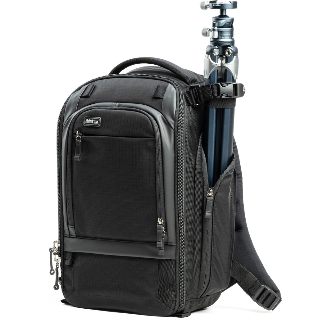 Think Tank Walker Pro Series backpack for video equipment, showing padded compartments and adjustable straps for secure gear transport.