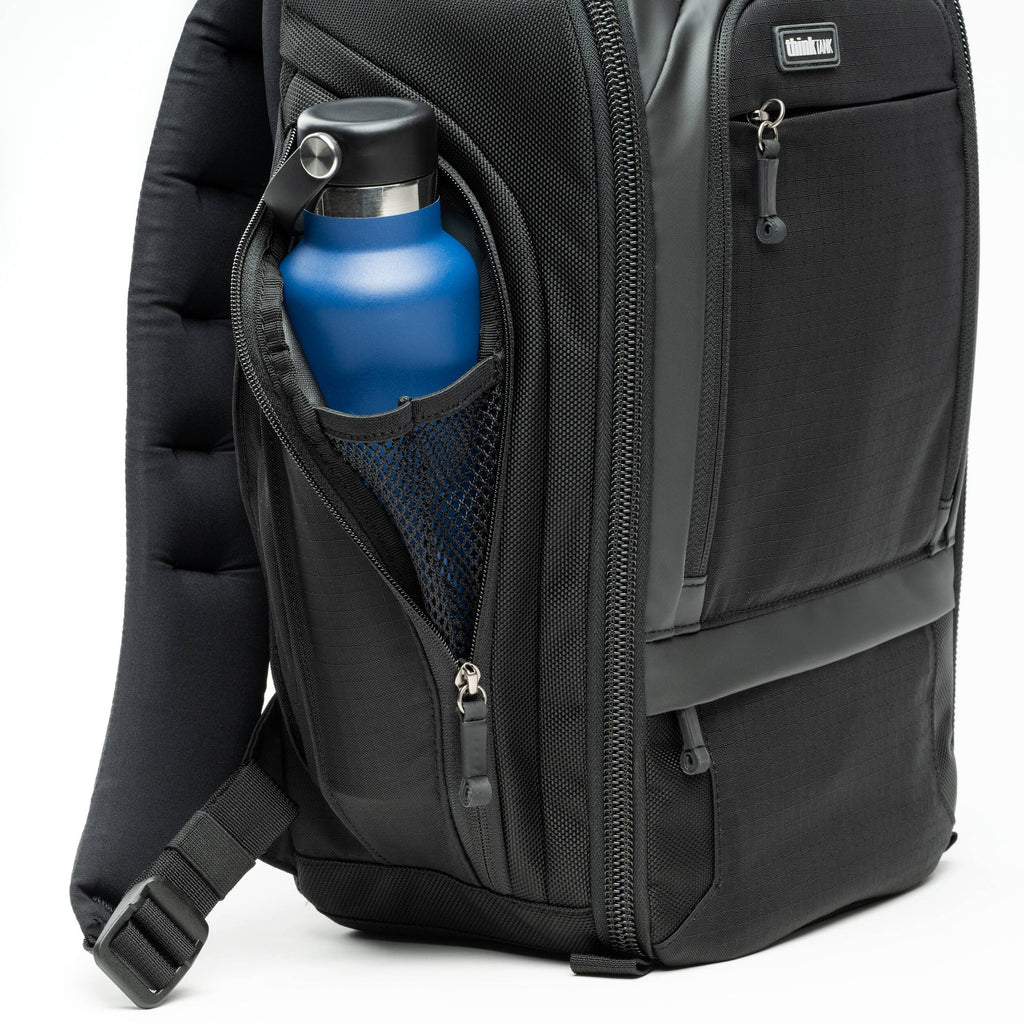 Think Tank Walker Pro Series backpack for video equipment, black camera gear bag with multiple compartments and padded straps.