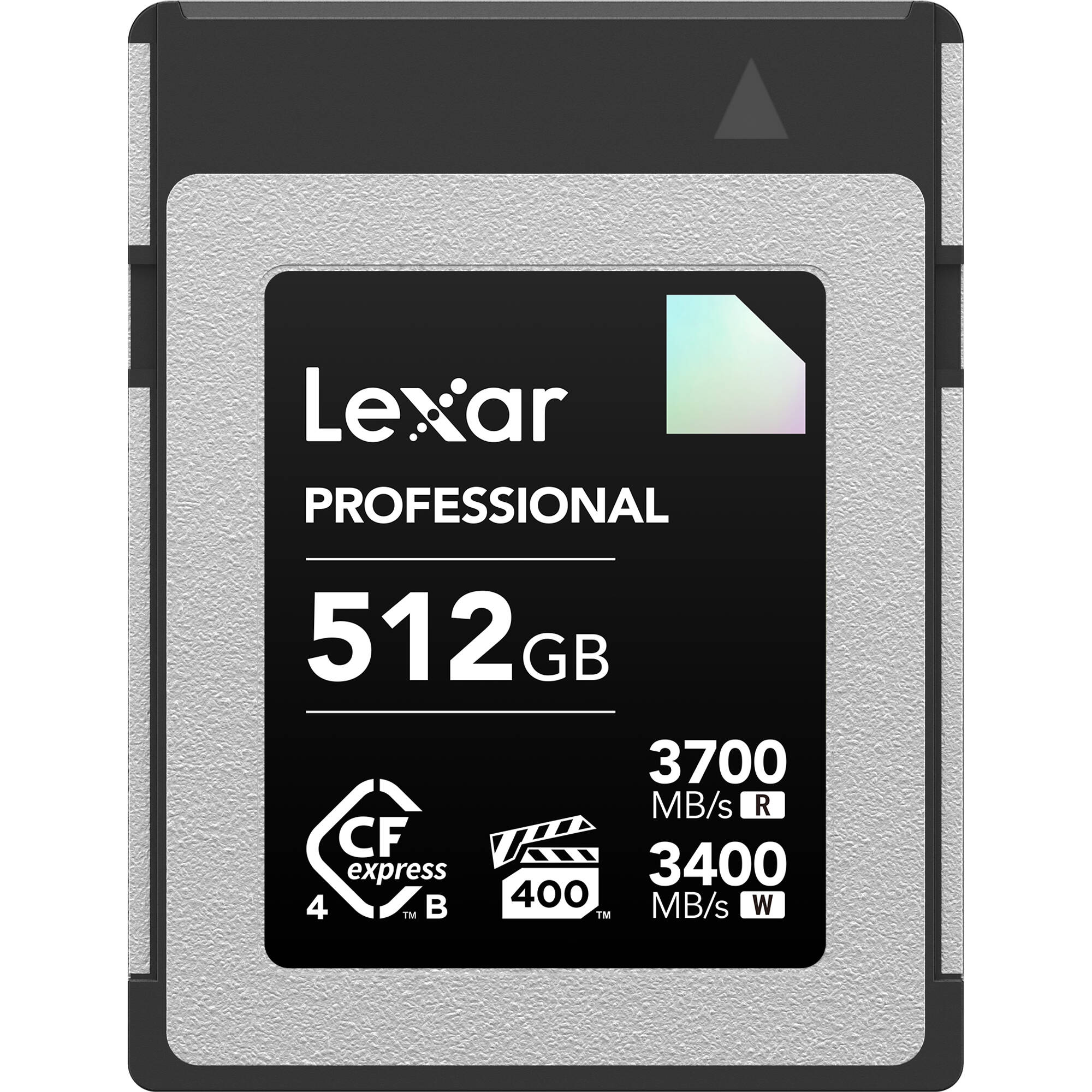 Lexar CFexpress Pro Diamond memory card with R3700/W3400 speed ratings, showcasing its sleek design and branding.