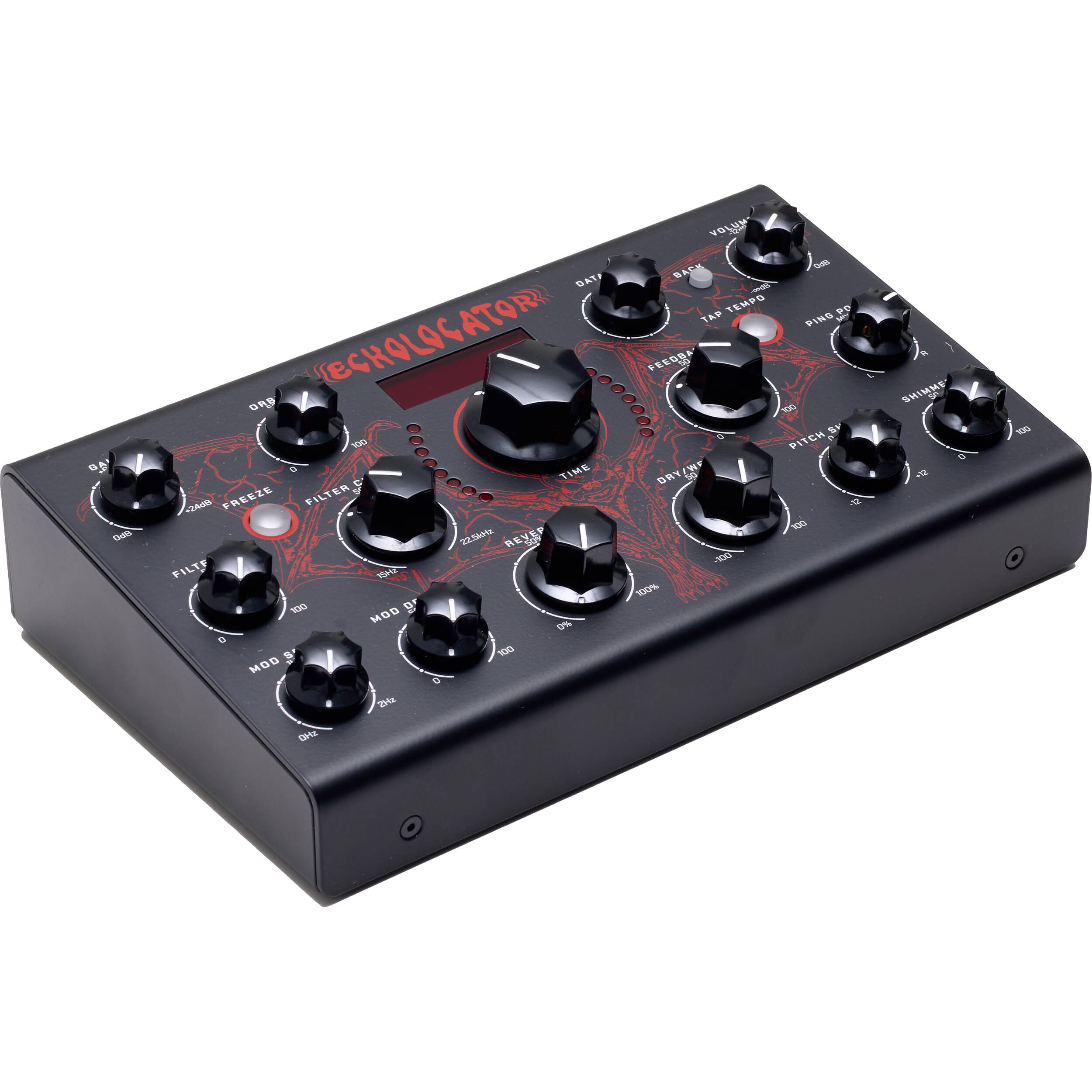 Erica Synths Echolocator effects pedal with knobs and input/output jacks for guitar or audio processing.