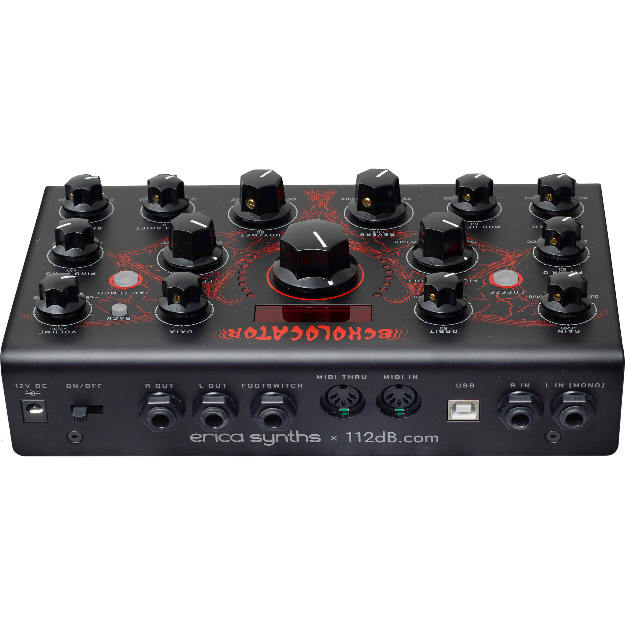 Erica Synths Echolocator effects pedal with interface, knobs, and switches for sound modulation and echo effects.
