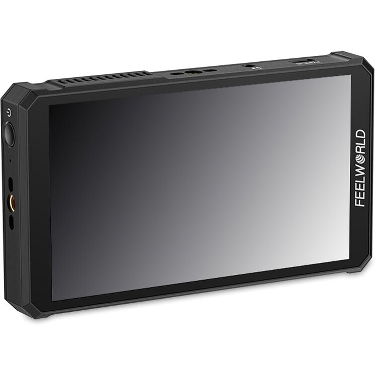 Feelworld PS6 5.5-inch AMOLED camera field video monitor displaying live image with control buttons and screen interface.