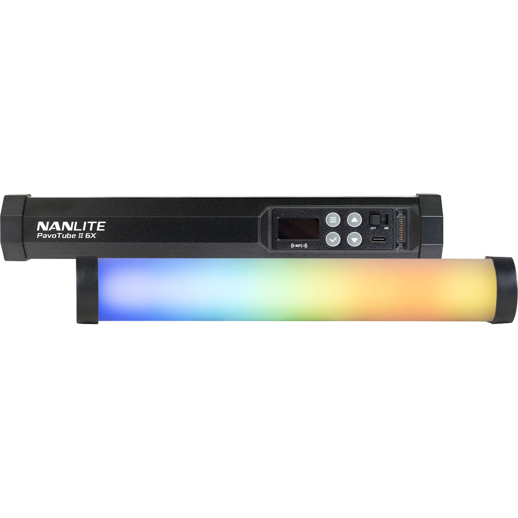 Nanlite PavoTube II 6XR LED RGBWW pixel tube light showing multiple color options and adjustable brightness on a professional lighting setup.
