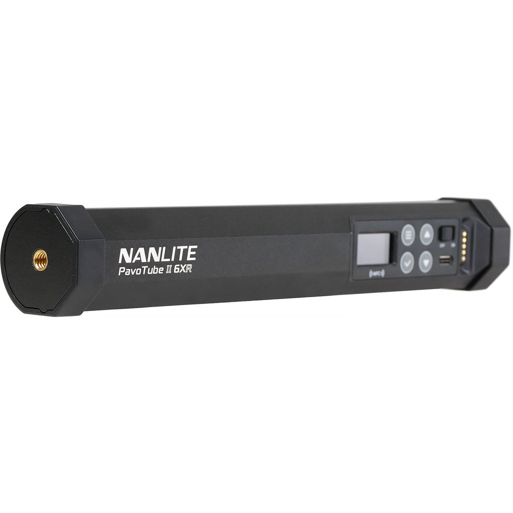 Nanlite PavoTube II 6XR RGBWW LED pixel tube light showing multiple color options and adjustable brightness on a white background.