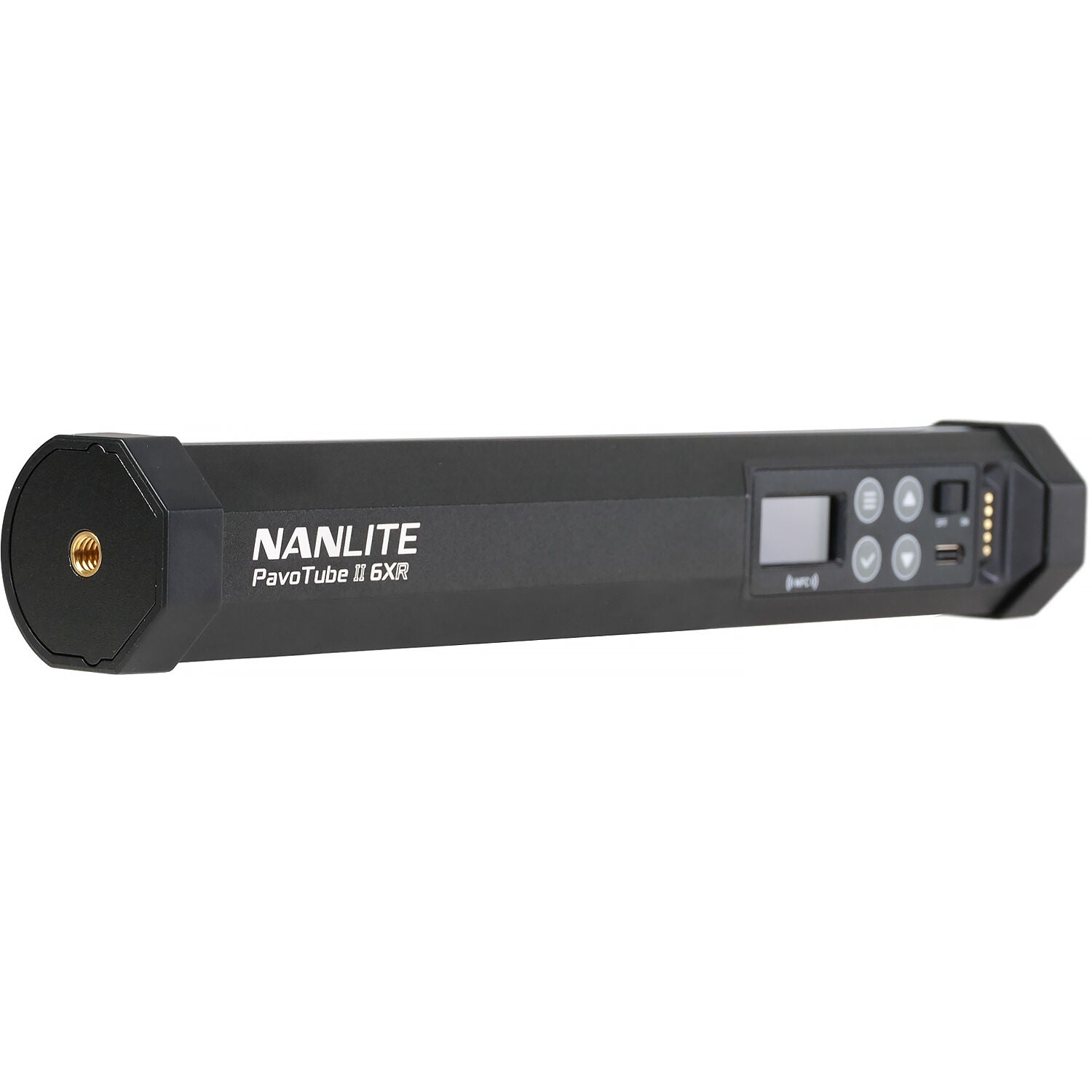Nanlite PavoTube II 6XR RGBWW LED pixel tube light showing multiple color options and adjustable brightness on a white background.