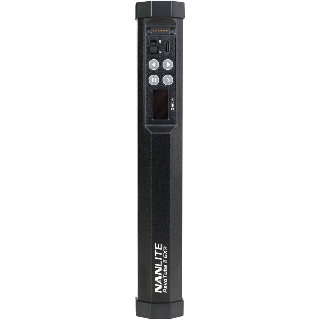 Nanlite PavoTube II 6XR LED RGBWW pixel tube light showing colorful illuminated light sticks with adjustable lighting effects.