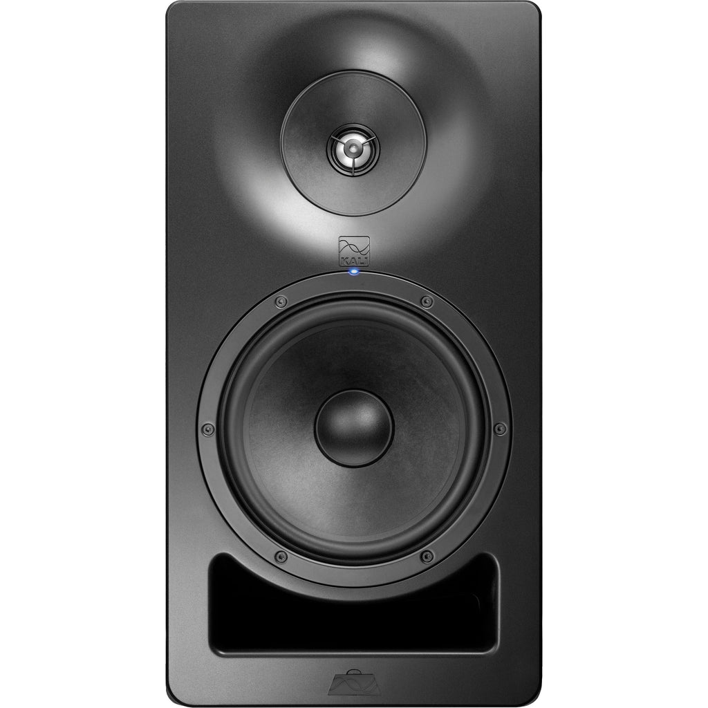 Kali Audio SM-8 active nearfield monitors with black cabinets and front-facing controls, ideal for studio audio mixing.