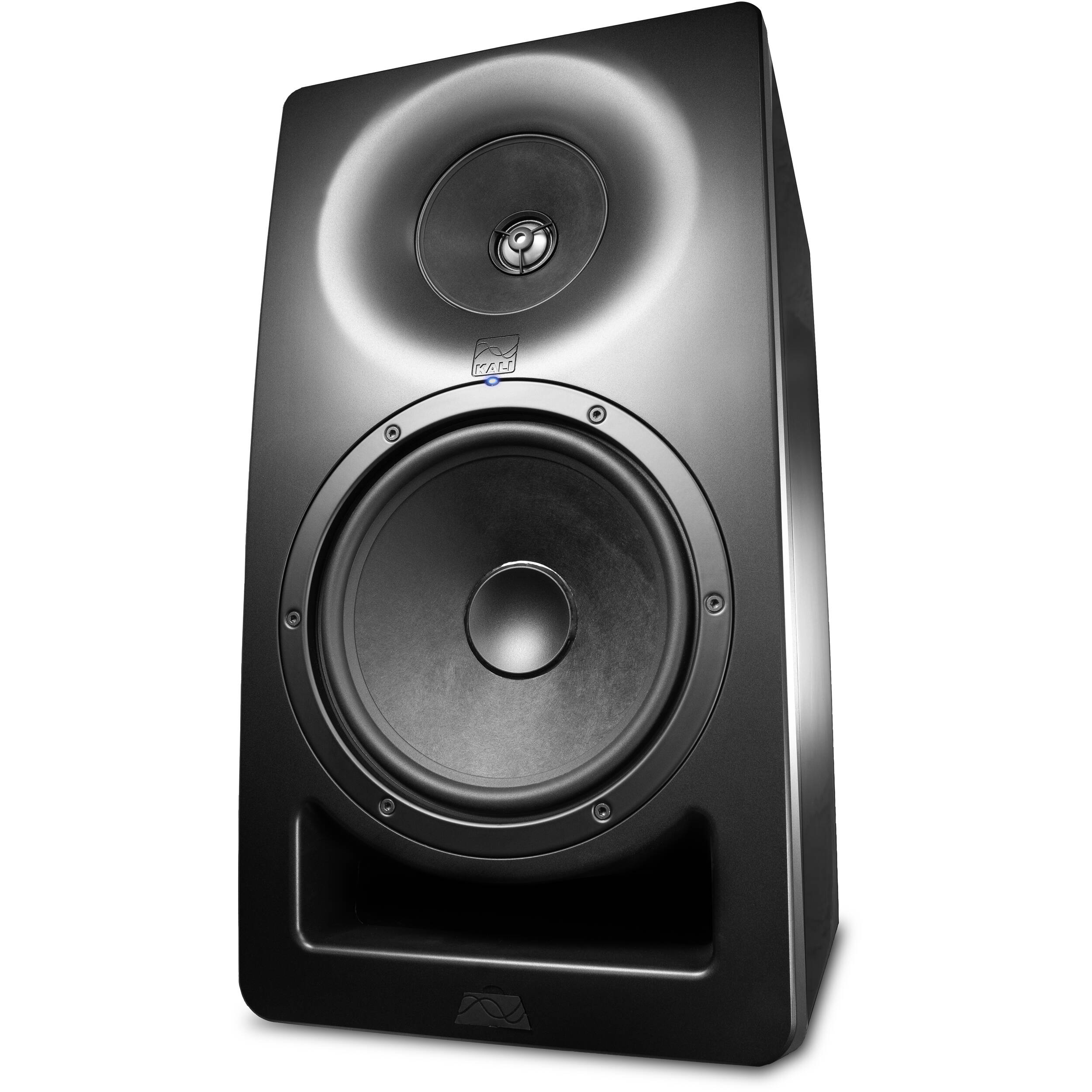 Kali Audio SM-8 active nearfield monitors shown in a studio setup with black speaker cabinets and audio cables.