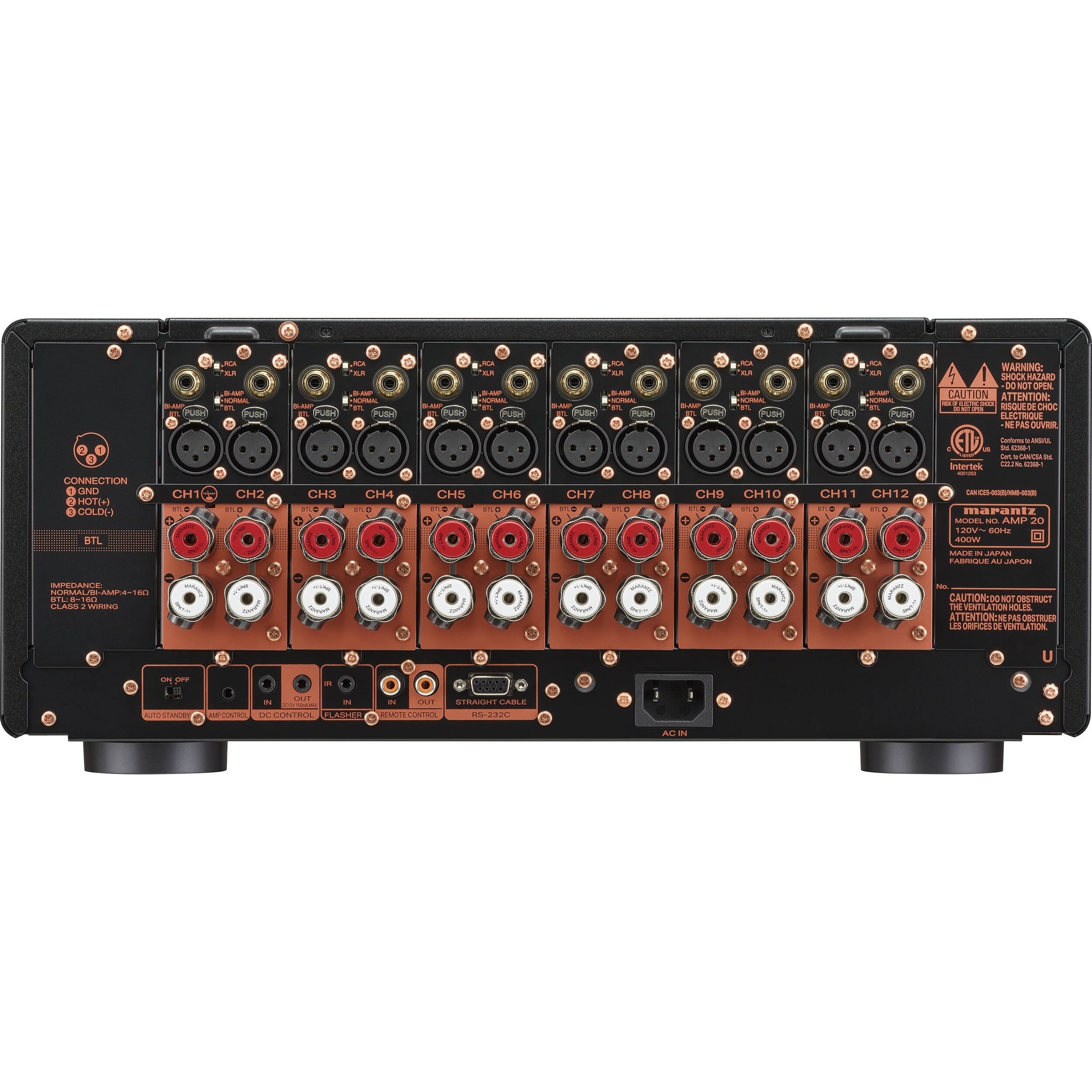 Marantz AMP 20 stereo amplifier with sleek design, audio controls, and input ports visible on the front panel.