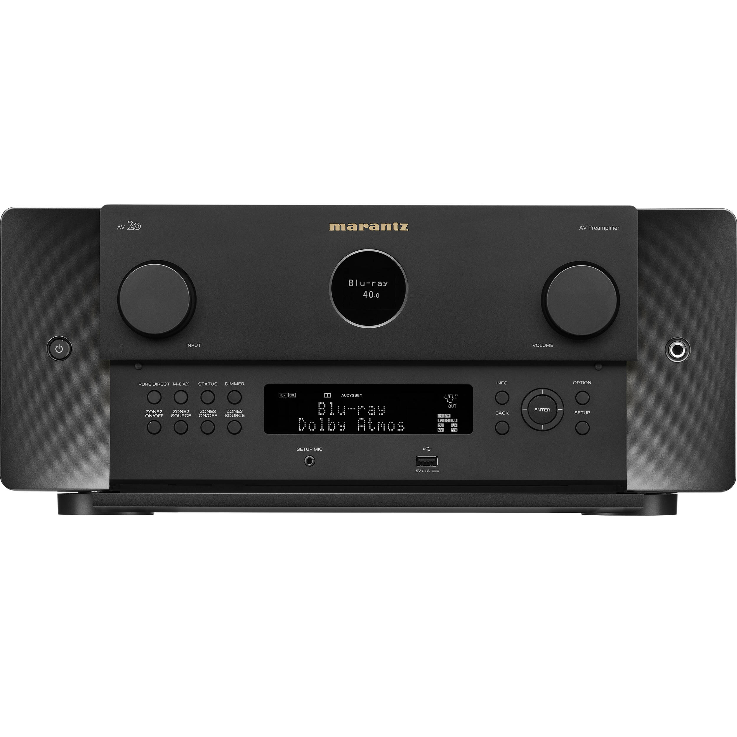 Marantz AV 20 stereo amplifier with sleek black design and control knobs, showcasing high-quality audio equipment.