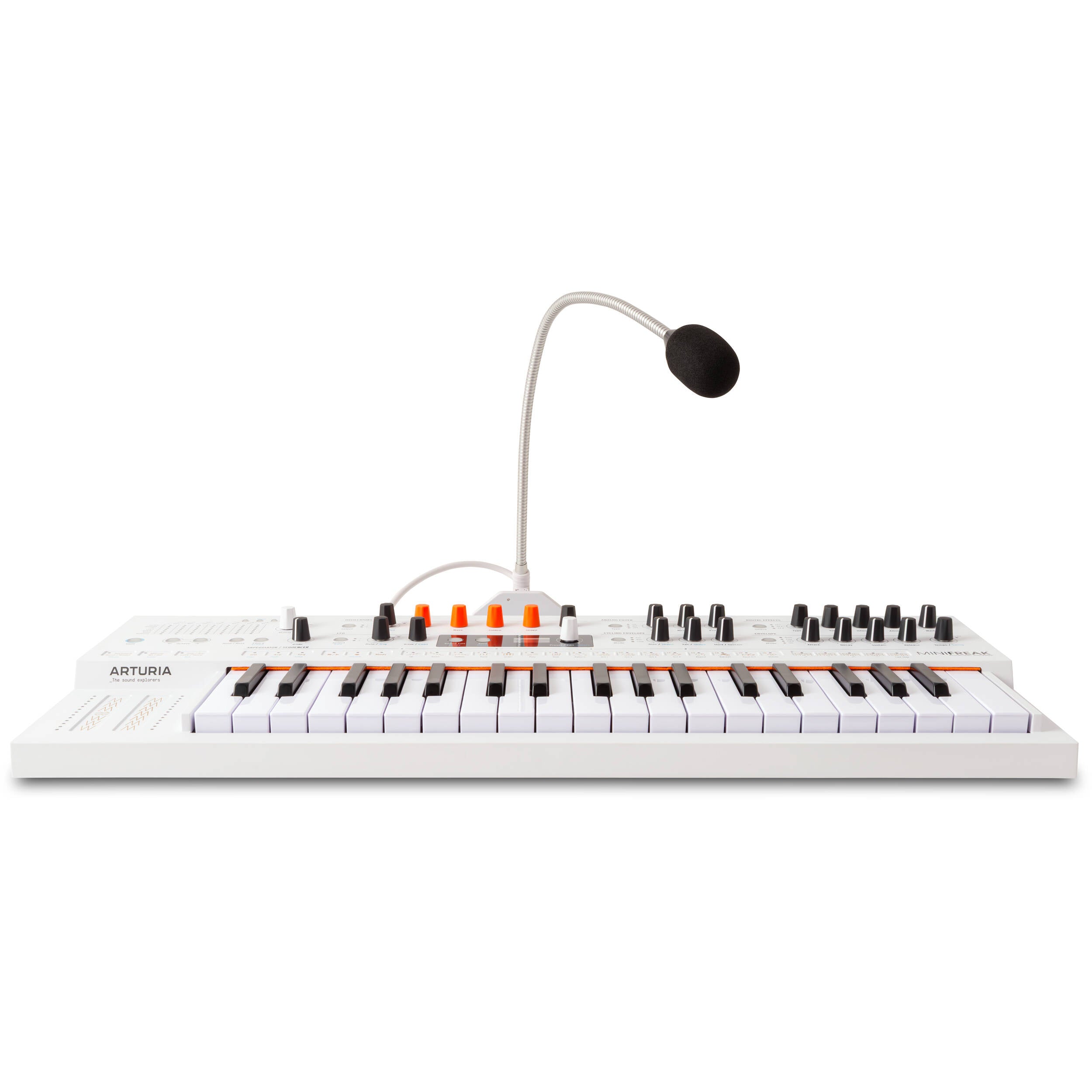 Arturia MiniFreak synthesizer with vocoder featuring knobs, keys, and display, showcasing its compact electronic music instrument design.