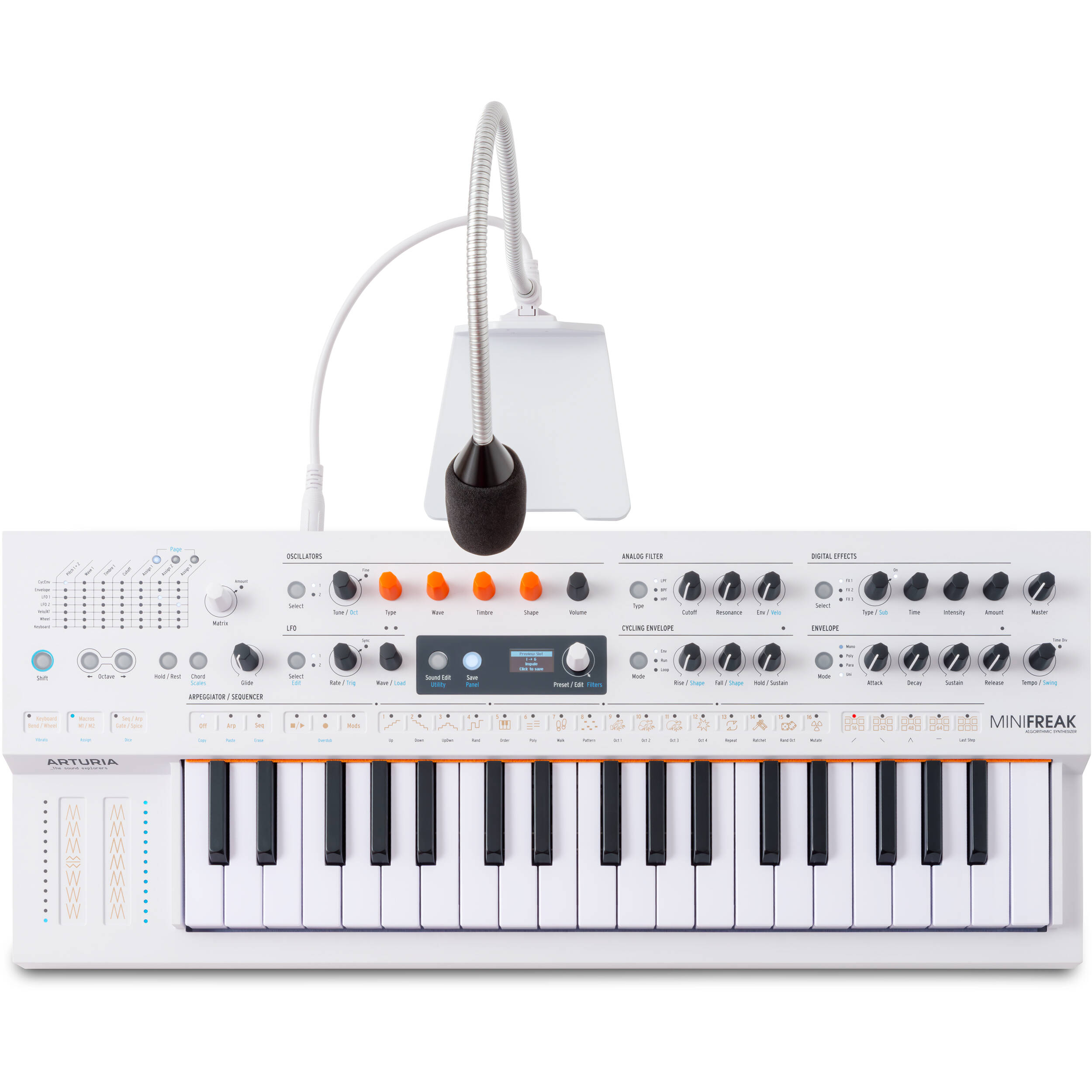 Arturia MiniFreak synthesizer with vocoder features, showing its keyboard and control panel in a close-up view