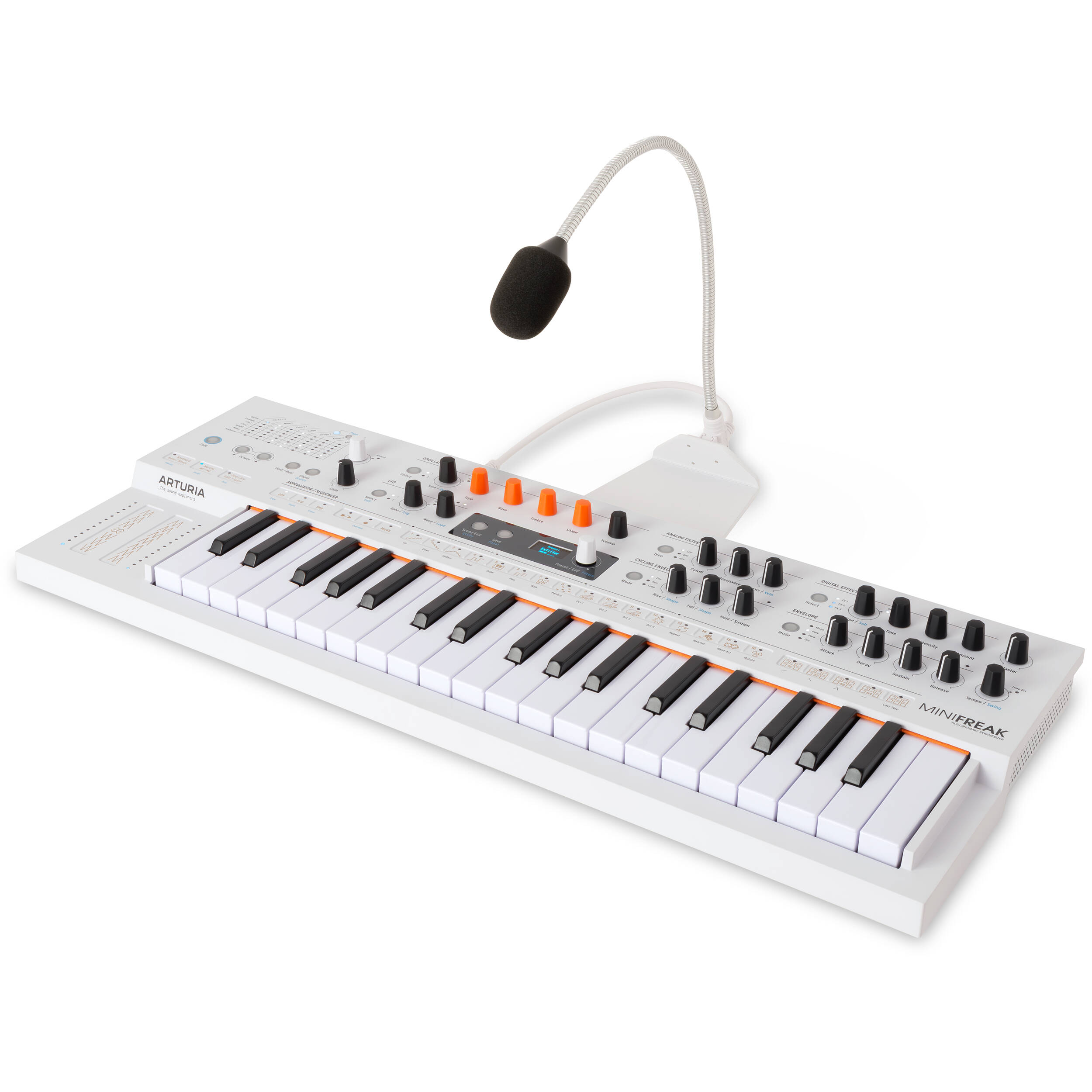 Arturia MiniFreak synthesizer with vocoder feature, compact electronic music instrument with various knobs and controls.