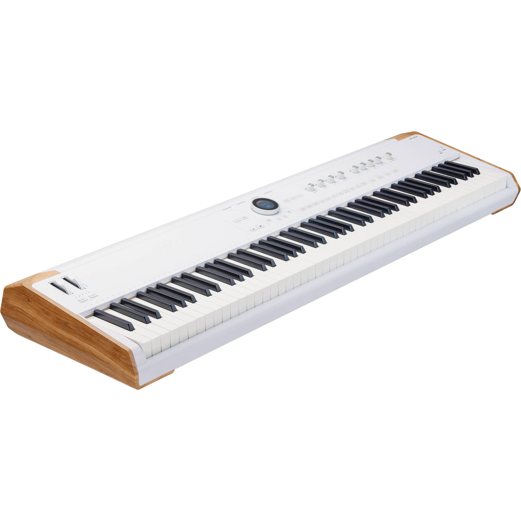 Arturia AstroLab 88 performance keyboard with black keys, digital piano design, and control panel for musical expression.
