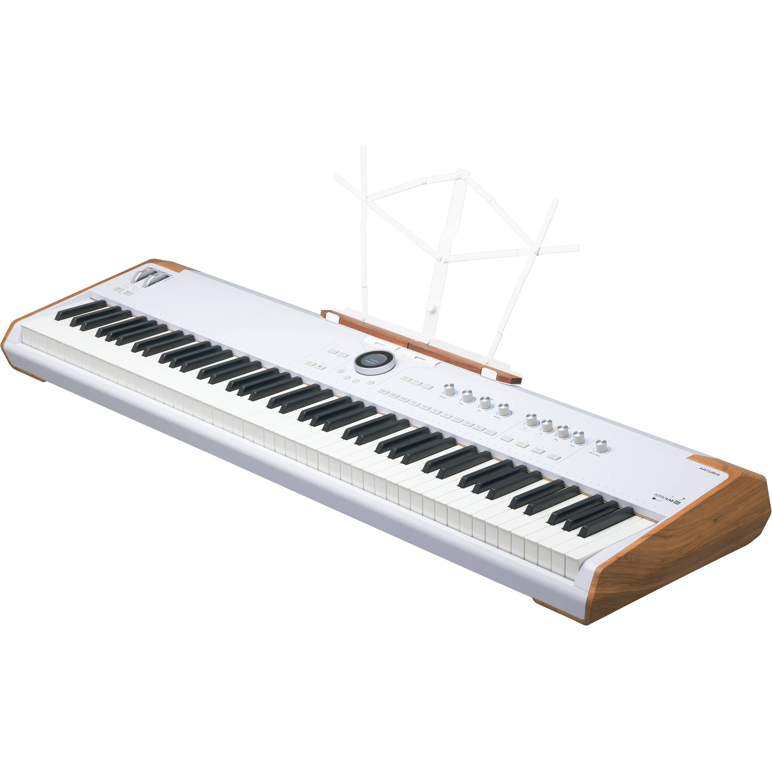 Arturia AstroLab 88 performance keyboard featuring a sleek black design, full-sized keys, and control knobs on a music studio setup.