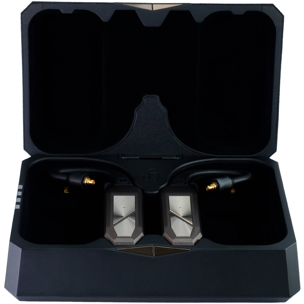 Close-up of the iFi Audio Go Pod Max headphone amplifier and DAC showing its sleek design and control buttons.