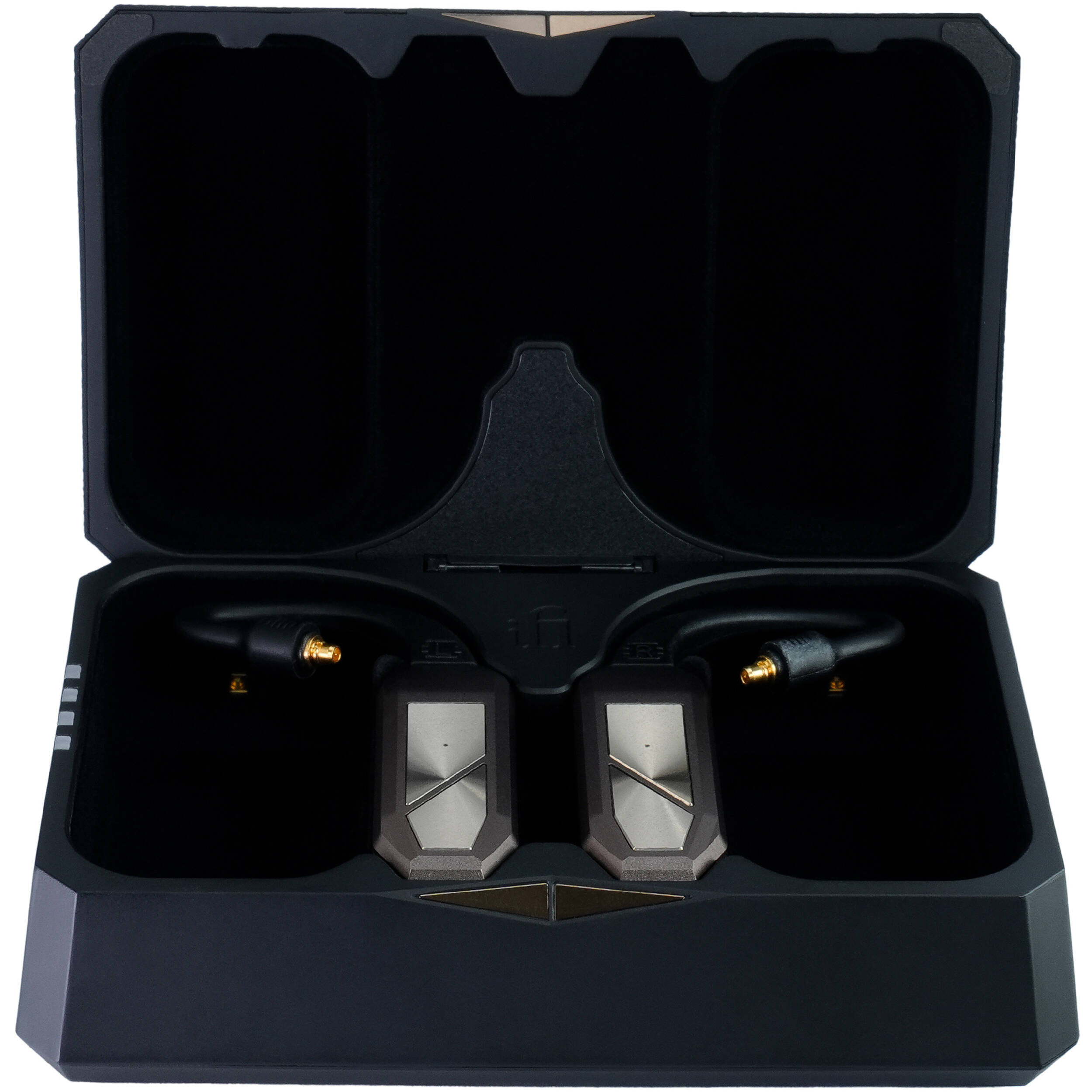 Close-up of the iFi Audio Go Pod Max headphone amplifier and DAC showing its sleek design and control buttons.