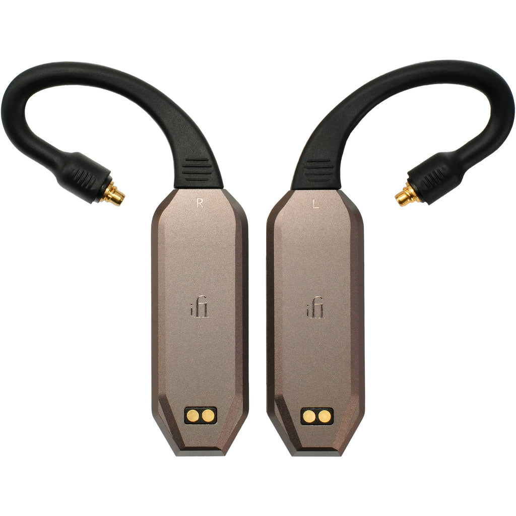 iFi Audio Go Pod Max headphone amplifier and DAC, compact portable audio device with sleek design and control buttons visible.