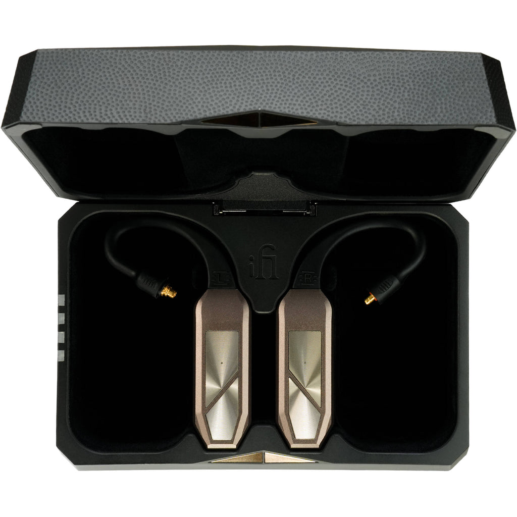 iFi Audio Go Pod Max headphone amplifier and DAC with sleek black design and control buttons on top.
