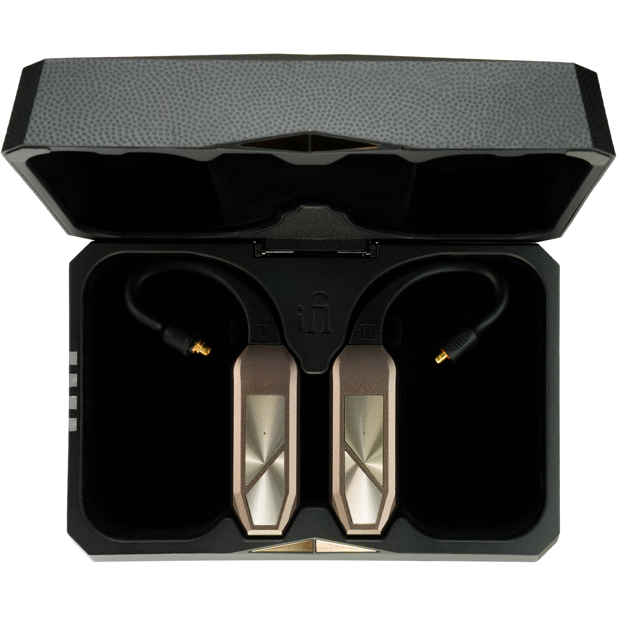 iFi Audio Go Pod Max headphone amplifier and DAC with sleek black design and control buttons on top.