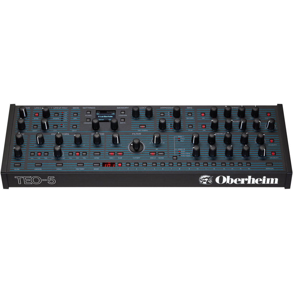 Oberheim TEO-5 desktop synthesizer with keyboard and control panel, compact design, and various knobs and switches.