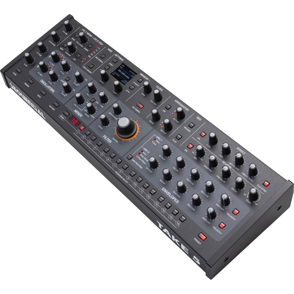 Sequential Take 5 desktop synthesizer with control knobs and keyboard keys, compact electronic music instrument.