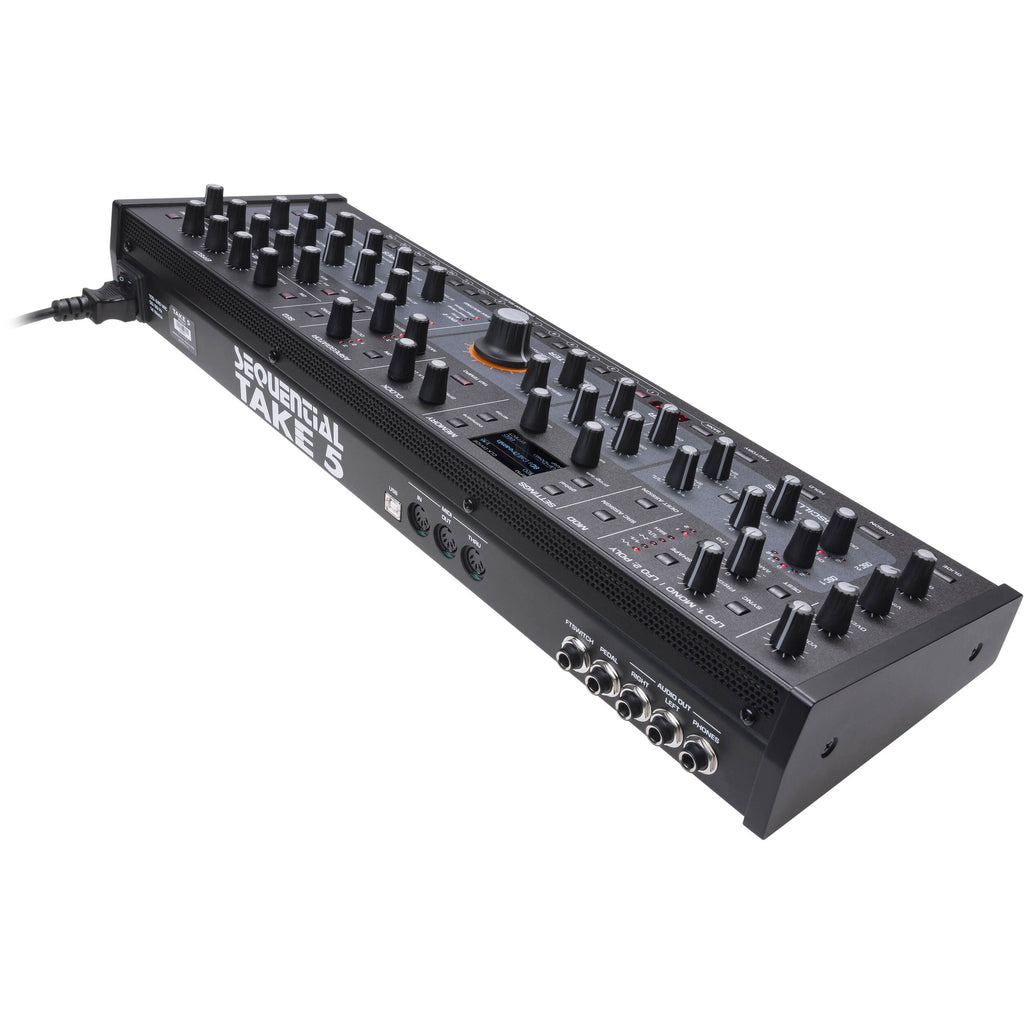 Sequential Take 5 desktop synthesizer with black control panel, knobs, and keyboard interface for music production.