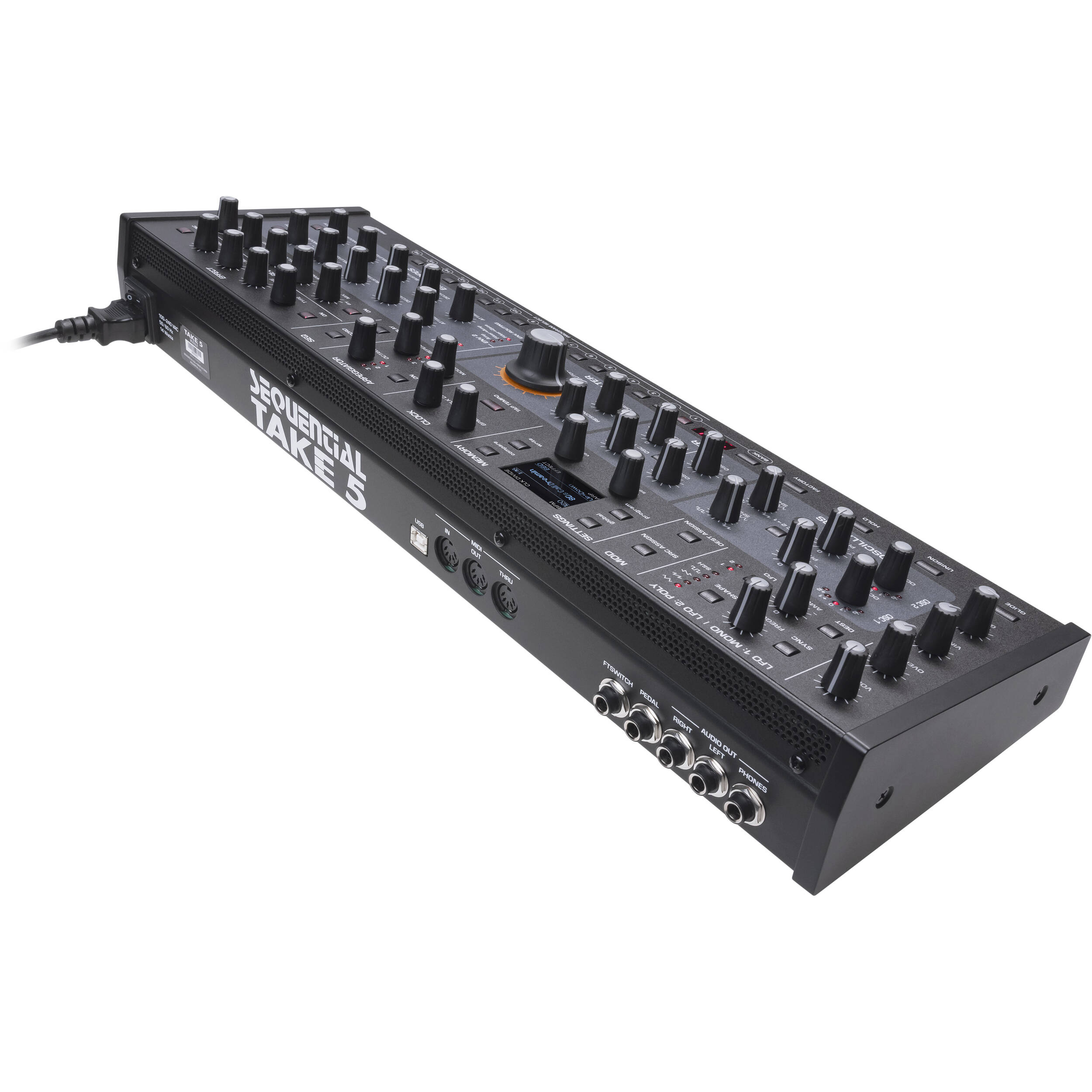Sequential Take 5 desktop synthesizer with black control panel, knobs, and keyboard interface for music production.
