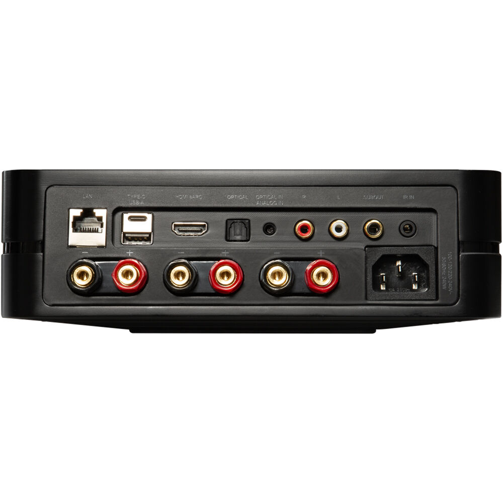 Bluesound Powernode 2025 music streamer with sleek black design and front touchscreen display, ready for high-quality audio streaming.