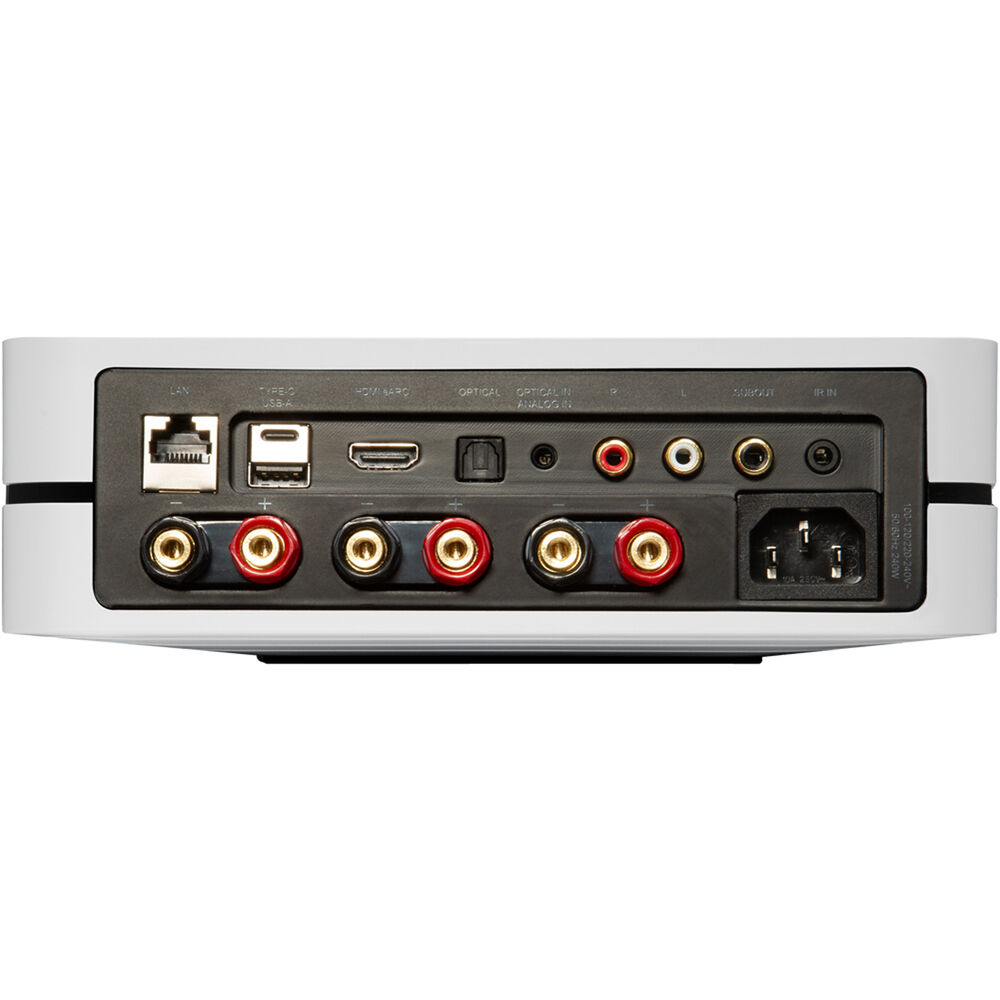 Bluesound Powernode 2025 music streamer with sleek black design and control buttons, ideal for high-quality home audio setup.