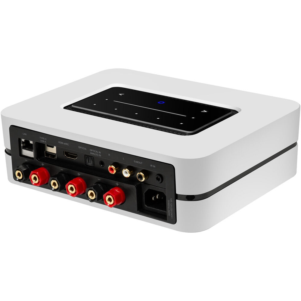 Bluesound Powernode 2025 music streamer showing a sleek black device with digital display and connectivity ports.