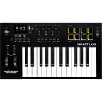 Nektar Impact LX25 MK3 MIDI keyboard with 25 keys, velocity-sensitive keys, and control knobs for music production.