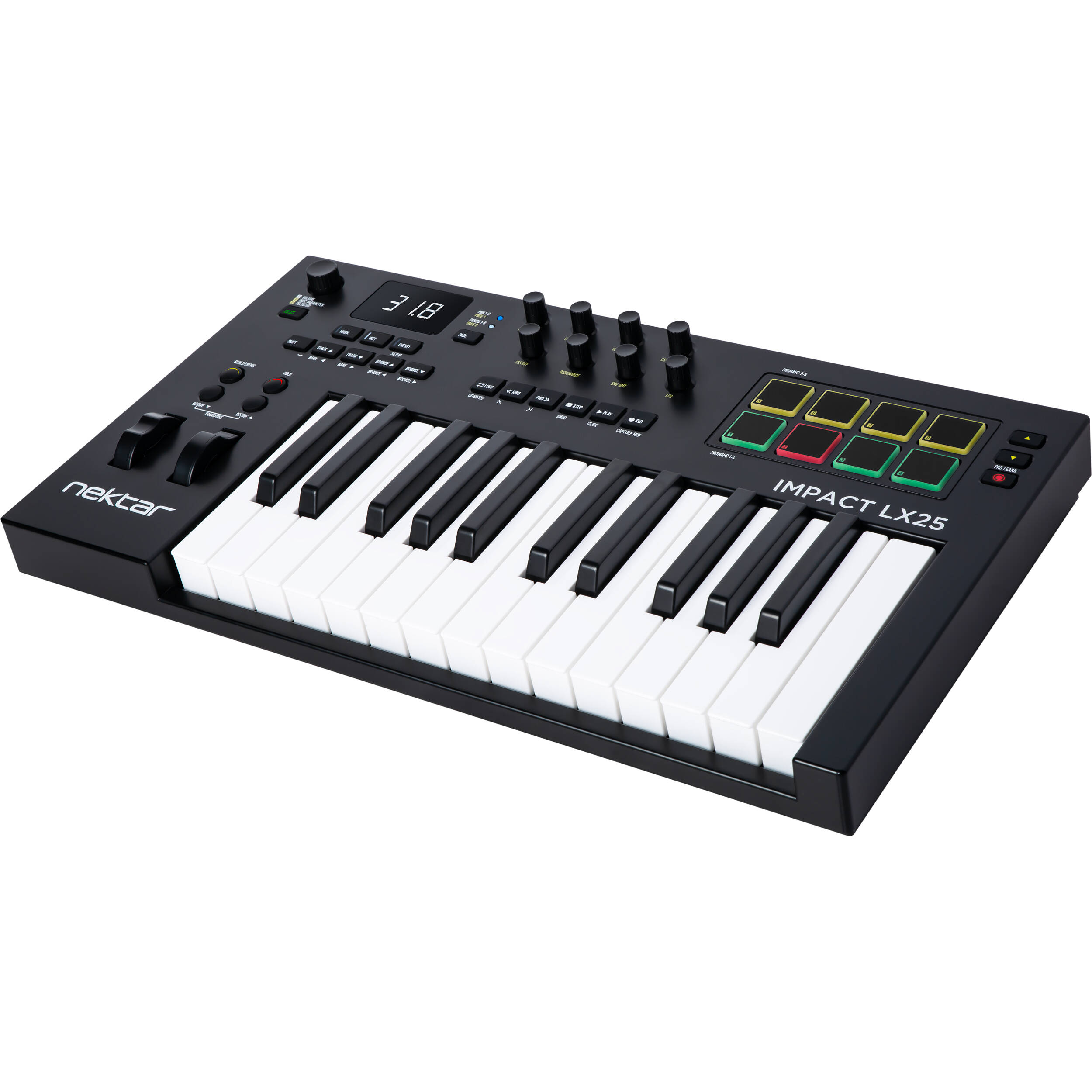 Nektar Impact LX25 MK3 MIDI keyboard with 25 keys, control knobs, and buttons for music production and digital performance.